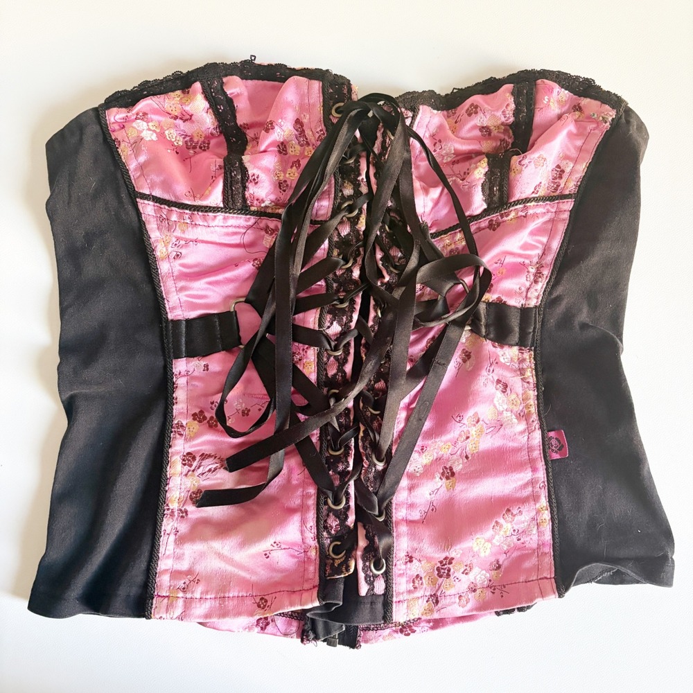 Tripp NYC Womens Y2K Pink Floral Brocade Lace Up Mall Goth Punk Corset Top XL